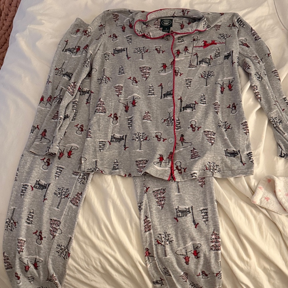Laura Ashley Gray Pajama Set with Red Trim